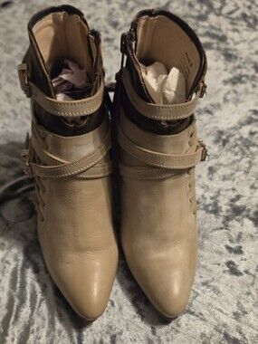 freebird Beige Pointed Leather Ankle Booties with Buckle Straps